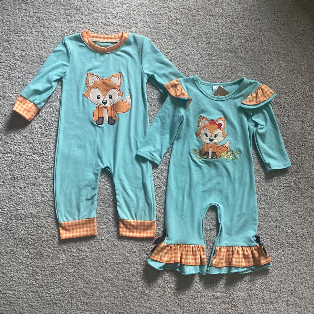 Set of 2 Mint and Orange Fox Applique 12M Rompers